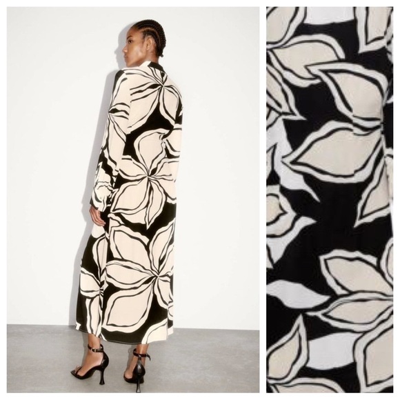 NWT.  Zara Black/Ecru Floral Print Shirt Midi Dress. Size XS. - Picture 2 of 10